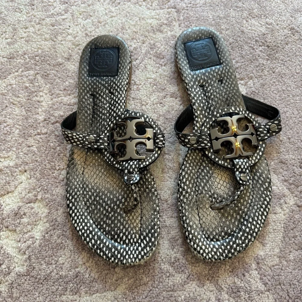 Tory Burch Women’s 11 Black White Silver Snakeskin Miller Sandals
